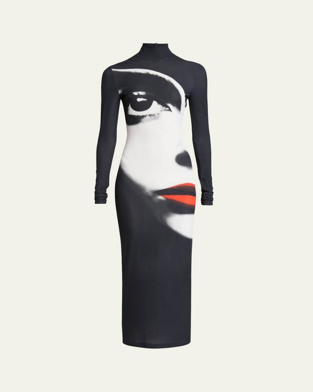 Long High-Neck Face Print Dress